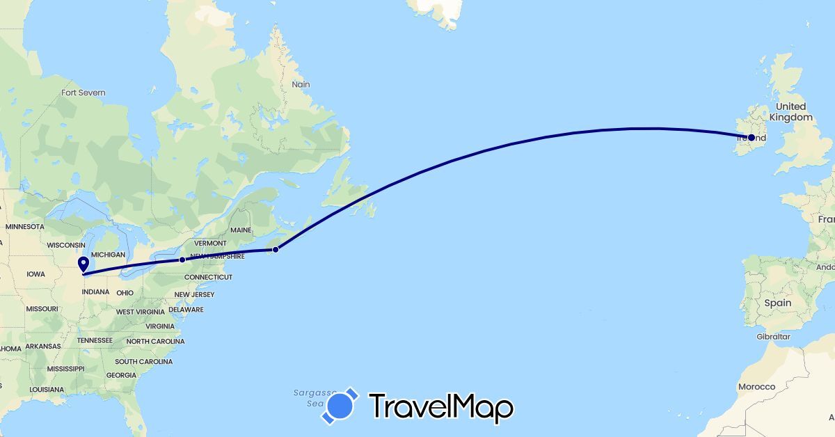 TravelMap itinerary: driving in Canada, Ireland, United States (Europe, North America)